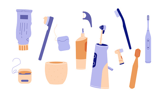 Cleanliness and care concept. Daily dental care items