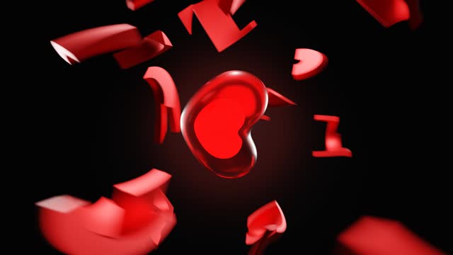 Rotating red heart breaks into pieces. 3D Looped background.