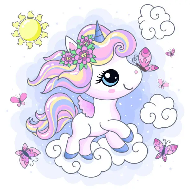 Vector illustration of Cute little unicorn with a butterfly. Vector illustration