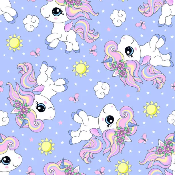 Vector illustration of Seamless pattern with cute unicorns, butterflies and sun. Vector