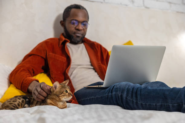 istock Dark-skinned man working on laptop and stroking his cat 1958115284