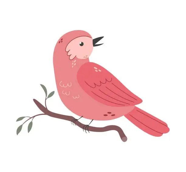 Vector illustration of Pink folk bird sitting on the branch on white background