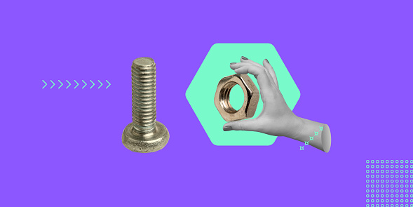 Fastening, assembly, construction and repair work. Screw and nut in hand. Minimalist art collage for online shops of construction materials, advertising of workshops, blog or social networks