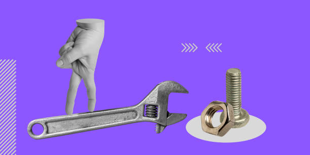 istock DIY - Do It Yourself concept. Hand steps on adjustable spanner to nut and screw. Minimalist art collage for blog, social networks, online shops of construction materials, advertising of workshops 1958139556