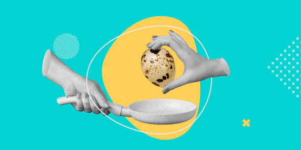 Cooking concept. Hand with quail egg over hand with frying pan. Minimalistic art collage