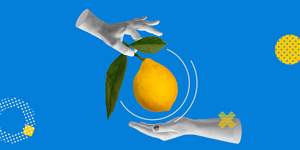 Healthy raw food, Vitamin C. The hand passes a large ripe yellow lemon on a blue background to the other hand. Minimalist art collage