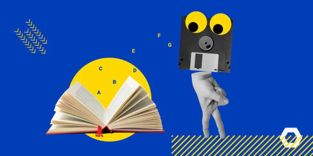 istock Learning the concept. Hand with  floppy disk, symbolizing person with  small brain volume or with small amount of knowledge and open book. Minimalistic art collage 1958139596