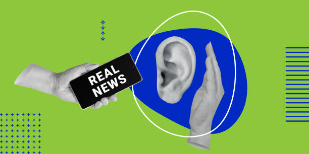 istock True information, journalistic work concept. Hand with smartphone and REAL NEWS inscription on screen and listening ear. Minimalist art collage 1958140106