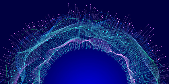 Abstract image of neural connections on blue background. Technological background for a design on the theme of artificial intelligence, big date, neural connections. Copy space