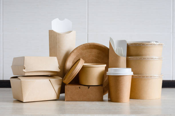 istock Disposable packaging for fast food. Tableware made from biodegradable cardboard and paper for recycling. 1958142781