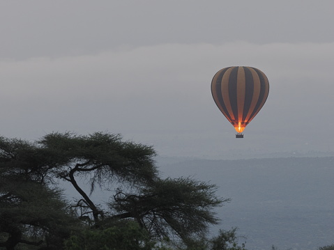 hot air balloon flies over nature reserve in Kenya