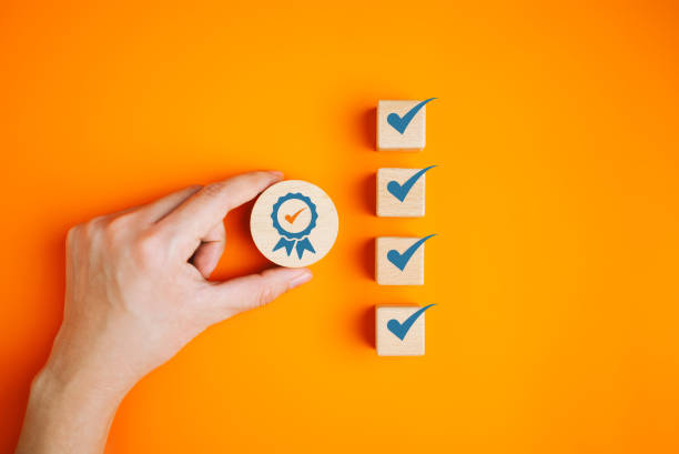 istock Certification and standardization, Certificate guarantee, International Organization for Standardization ISO and quality control certification, Checklist for quality management 1958151613