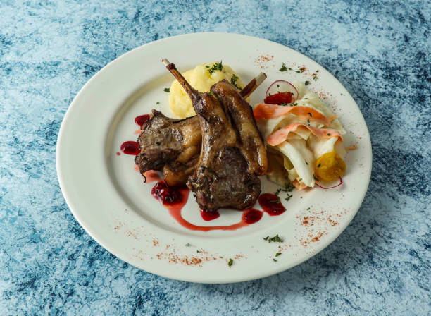 costeletas de cordeiro grelhadas com purê de batata e ovo servidas no prato isolado no fundo vista superior da comida italiana - lamb chop shank cooked - fotografias e filmes do acervo