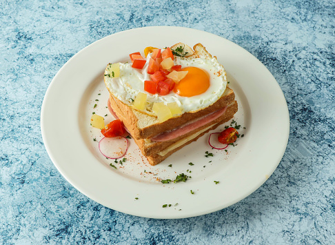 hawaiian toast topping with sunny side up egg and tomato served in plate isolated on background top view of italian food