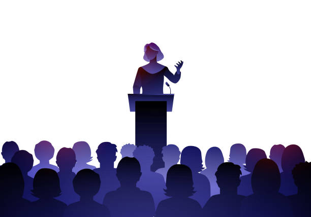 ilustraciones, imágenes clip art, dibujos animados e iconos de stock de oradora pública femenina en atril frente a la audiencia. - female speaker podium