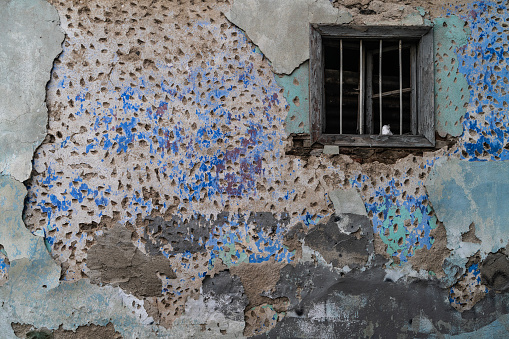 street photographer wandering around historical and old colorful streets. colorful exterior walls plaster peeling and worn. The photographer man wandering the stone-paved streets. Taken in daylight with a full frame camera.