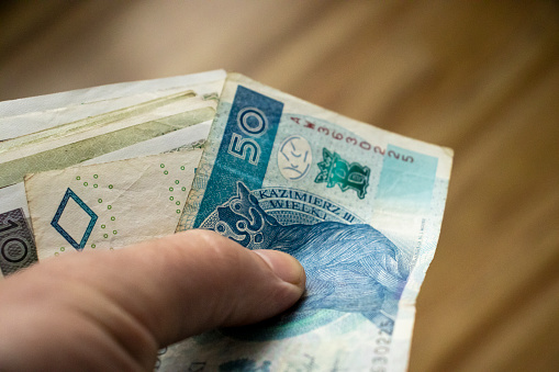 Businesswoman's hand securely holding a Polish banknote (PLN)