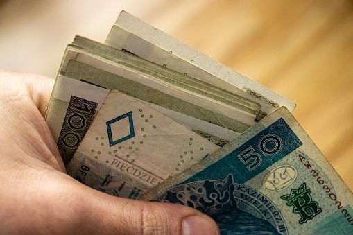 A hand firmly holding Polish banknote, symbolizing financial dealings
