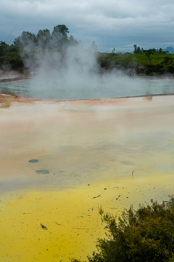 Geel en oranje kleuren en stoomwolken bij het geothermische meer bij Waiotapu, Nieuw-Zeeland
