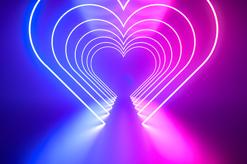 Valentines Day Heart Shape with ultraviolet neon lights. 3d render. Digitally generated image.