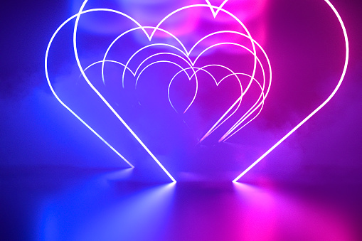 Valentines Day Heart Shape with ultraviolet neon lights. 3d render. Digitally generated image.