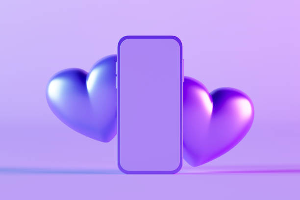 istock Empty Screen Smart Phone with Heart Shapes, Valentine's Day Concept on Purple Background 1958224840