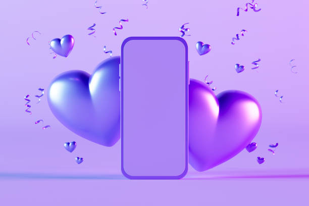 istock Empty Screen Smart Phone with Heart Shapes, Valentine's Day Concept on Purple Background 1958227642