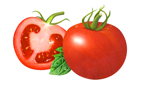 An illustration of a whole tomato, with a cut half on the left side. A single tomato leaf is in the center.