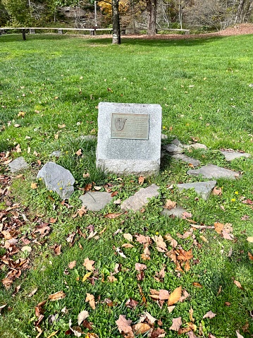 Sullivan County, NY, USA, 10.10.23 - A historical marker near the Beaverkill Covered Bridge.