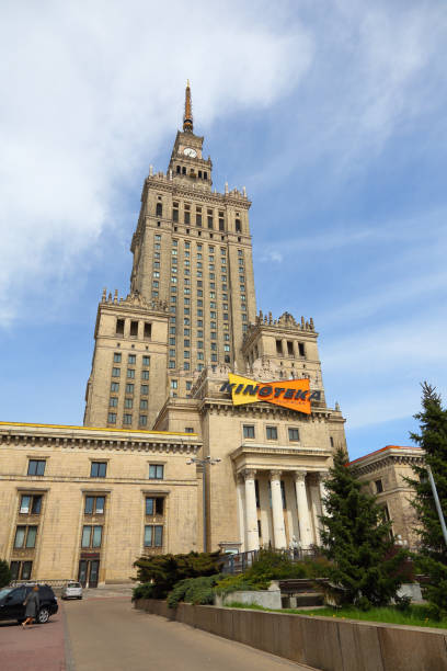 Warsaw, Poland - April 16, 2016: Palace of Culture and Science, the tallest building in Poland with a total height of 237 metres. It is home to many companies and public institutions.