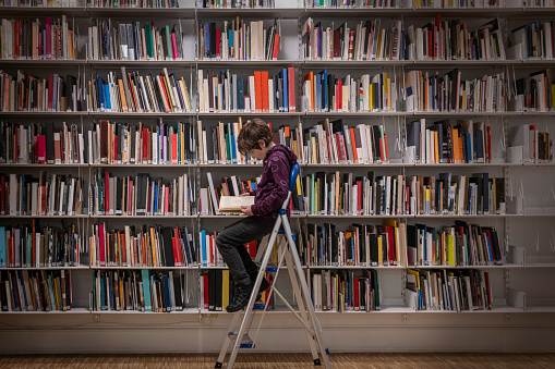 Boy reading a book on the ladder in front of the library.