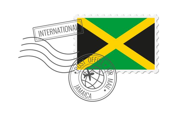 ilustrações, clipart, desenhos animados e ícones de jamaica postage stamp. postcard vector illustration with jamaican national flag isolated on white background. - mail postage stamp postmark jamaica