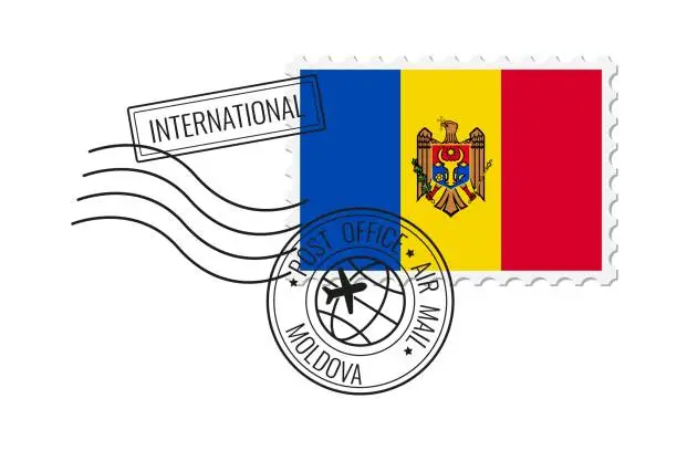 Vector illustration of Moldova postage stamp. Postcard vector illustration with Moldovan national flag isolated on white background.