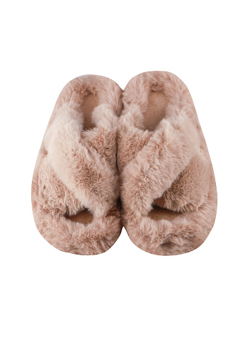 Fluffy beige home and loungewear slippers, lightweight with two intertwined straps, cutout, clipping path, isolated on white, studio shot