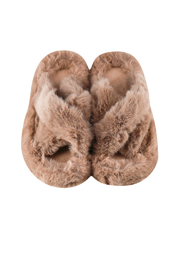 Fluffy brown home and loungewear slippers, lightweight with two intertwined straps, cutout, clipping path, isolated on white, studio shot