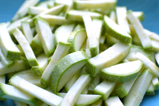 istock Fresh sliced zucchini in a blue ceramic plate 1958318545