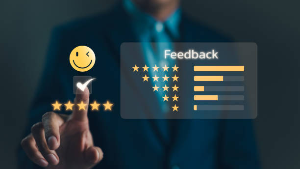 istock Customer satisfaction survey concept. Service experience rating online application, Evaluation of product service quality by customer. User feedback and review satisfaction, 5 star score, happy smile, 1958333840