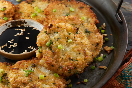 Crispy Rice Fritters with Scallions, Sesame Seeds and Soy Sauce