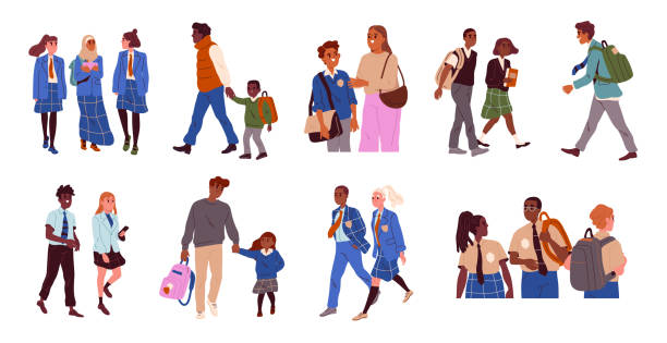 Vector Set of people going to school or university Set of people going to school or university. Parents with schoolchildren, teenage students and little pupils go to lessons in class. Cartoon flat vector illustrations isolated on white background school-uniform stock illustrations