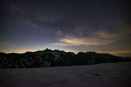 Mt. Yarigatake and the Hotaka Mountain Range and the starry sky in the Northern Alps in Japan