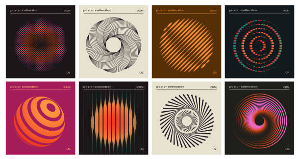 Vector Set of abstract retro posters with circles Set of abstract retro posters with circles. Geometric flyers with unusual shapes and inscriptions. Music Album Cover or Swiss Design. Cartoon flat vector illustrations isolated on white background health poster stock illustrations