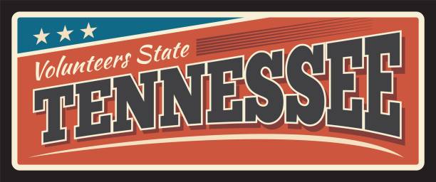 Tennessee United States vintage travel plate Tennessee state metal travel plates. United states old, sign, signboard with flag stars and stripes, retro typography, inscription vector. Nashville capital, retro signage tennessee road sign stock illustrations