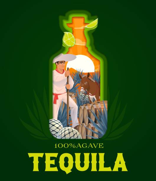Mexican tequila paper cut banner in bottle shape Mexican tequila paper cut banner in bottle shape for blue agave drink, vector label. 100 percent original tequila papercut banner with Latin man in sombrero, donkey and wooden barrels in Mexico desert mexican mule stock illustrations
