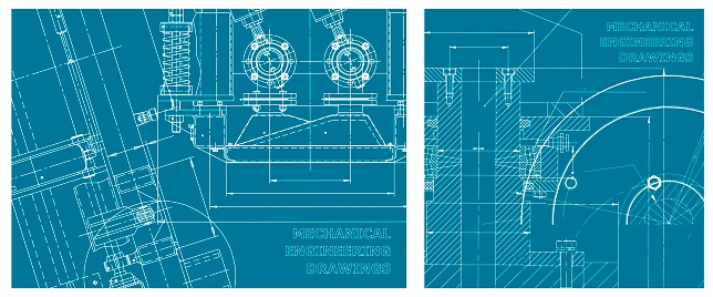 Engineering illustration set. Cover, flyer, banner, background. Blueprint, Sketch. Instrument-making drawings. Mechanical engineering drawing. Technical illustrations, backgrounds. Scheme, plan