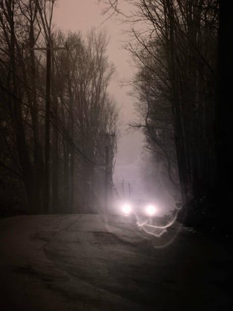 시골 산길에서 다가오는 자동차 헤드라이트 - gothic style road car spooky 뉴스 사진 이미지