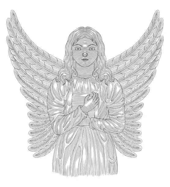 Vector illustration of angel with wings holding a book, Vintage engraving drawing style illustration