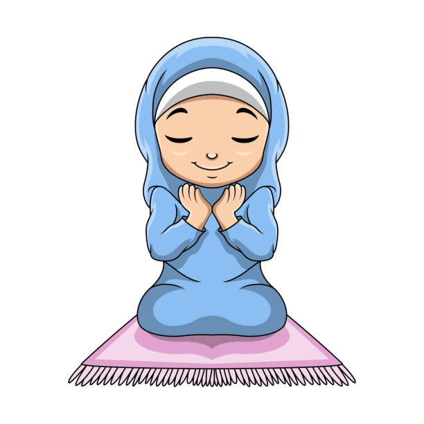 Cute Muslim girl praying on the prayer rug Vector illustration of Cute Muslim girl praying on the prayer rug cartoon of muslim costume stock illustrations