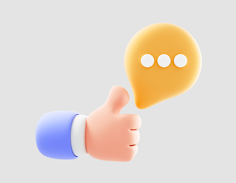 3D thumb up with a bubble talk sign. good comment, approve, confirm concept. 3d rendering