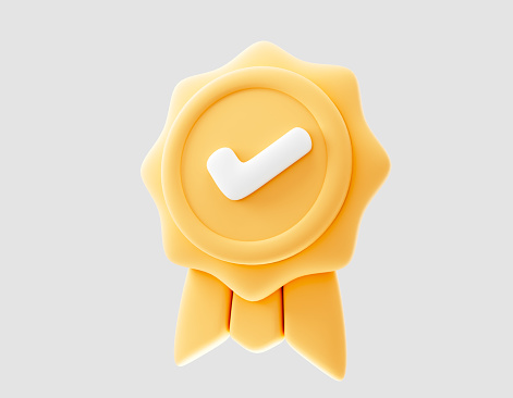 3d Certificate Badge icon illustration, golden badge warranty icon with checklist and ribbon Background isolated