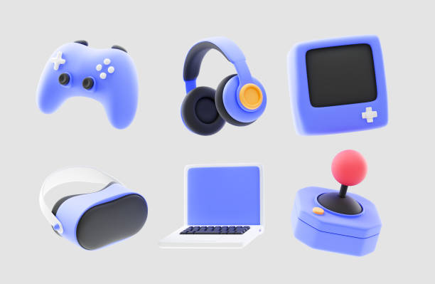 istock gaming gadgets 3d icon set. Video game console, gamepad, VR headset on isolated background. 3d rendering 1958710174